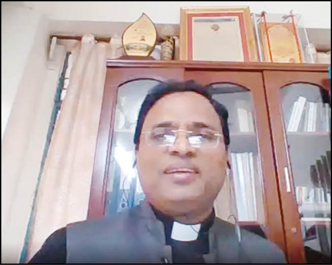 Dr Fr CP Anto, Principal, NEISSR delivering the keynote address during the inaugural session of the two-day online national conference organised by the Internal Quality Assurance Cell, Tetso College.